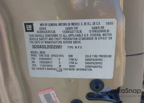 2006 Buick Rendezvous Cx z USA, uszkodzony, nr VIN 3G5DA03L26S529981